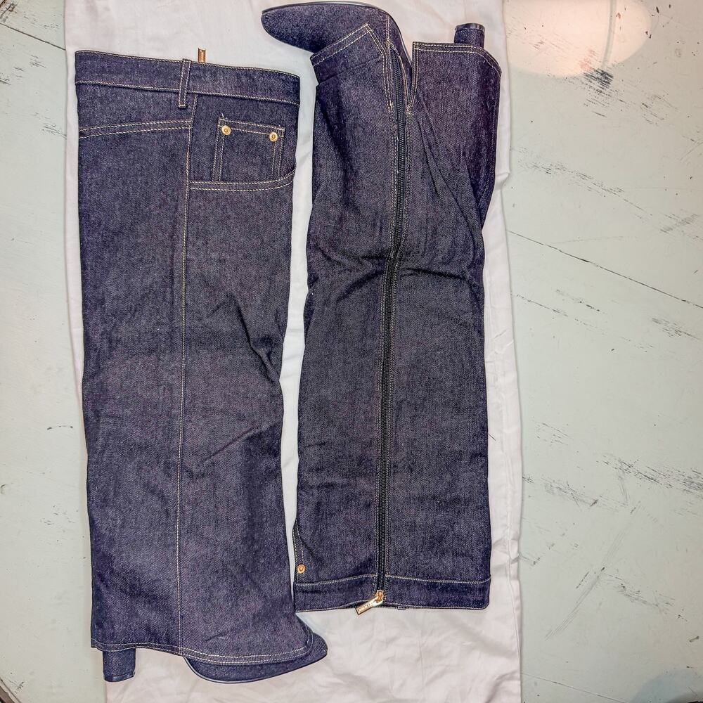Cape Robbin Denim Over The Knee Boots Faux Pocket Pointed Toe Chunky Heel 8.5